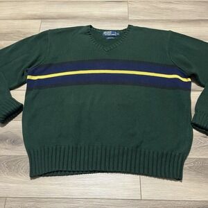 Vintage Ralph Lauren Polo Sweater XL Knit‎ Striped Navy Green Prepster Core